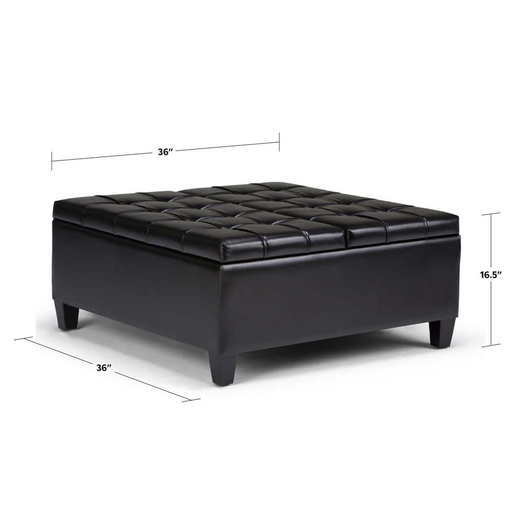 Midnight Black Tufted Faux Leather 36" Square Storage Ottoman