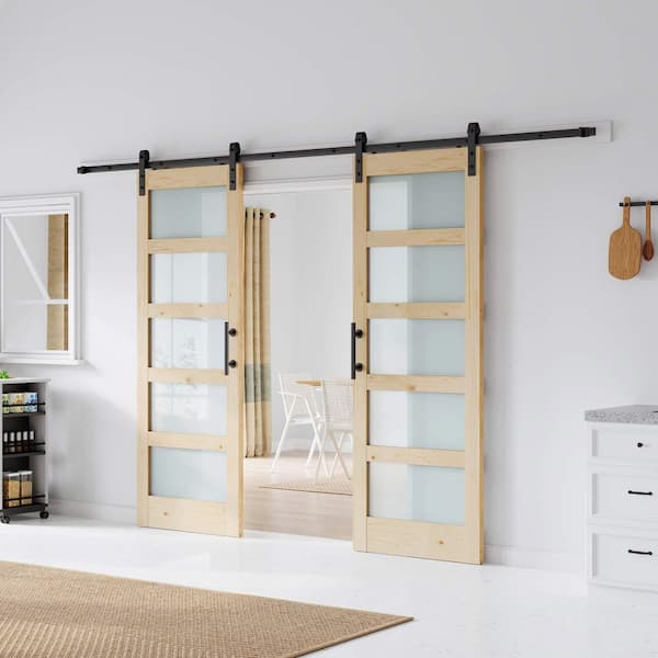 64 in. x 84 in. 5-Lite Frosted Glass Solid Core Spruce Wood Assembly Required Sliding Barn Door with Hardware Kit