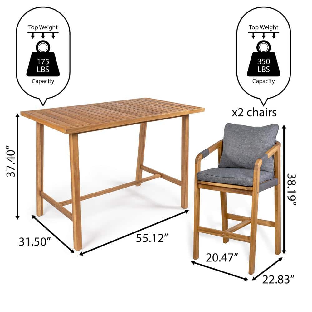 Gray and Teak Brown Acacia Wood 3-Piece Outdoor Bar Set