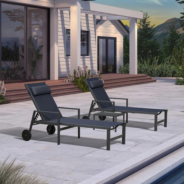 Black Frame Lounge of 3-Pieces Aluminum Outdoor Chaise Lounge with Cushion and Armrests, Navy Blue