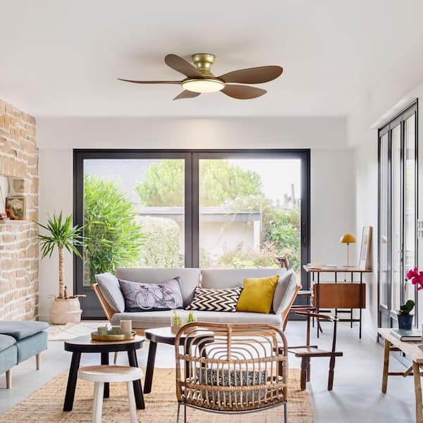 Solix 51.2 in. Vintage Gold and Walnut Flush Mount Farmhouse Standard Ceiling Fan Light with Integrated LED and Remote