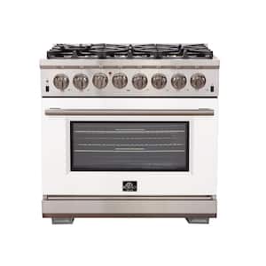 Capriasca 36 in. 5.36 cu. ft. Gas Range with 6 Burners and Electric 240-Volt Oven in. Stainless Steel with White Door
