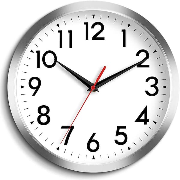 Afoxsos 12 in. Silver Analog Silent Non-Ticking Battery Operated for Kitchen, Office, Bedroom and Bathroom