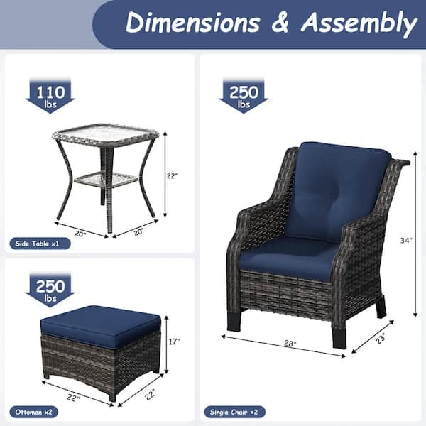 5-Piece Wicker Outdoor Patio Conversation Set with Lounge Chairs, Ottomans and Blue Cushions