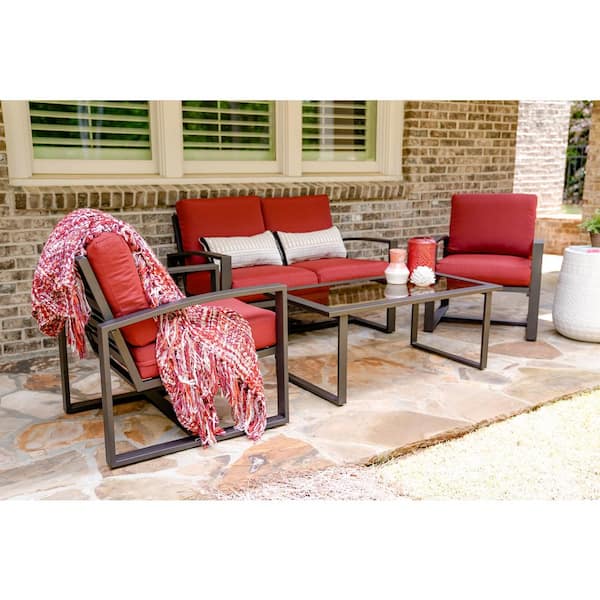 Leisure Made Jasper 4-Piece Aluminum Patio Conversation Set with Red Polyester Cushions
