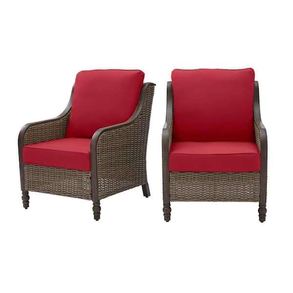 Hampton Bay Windsor Brown Wicker Outdoor Patio Lounge Chair with CushionGuard Chili Red Cushions (2-Pack)