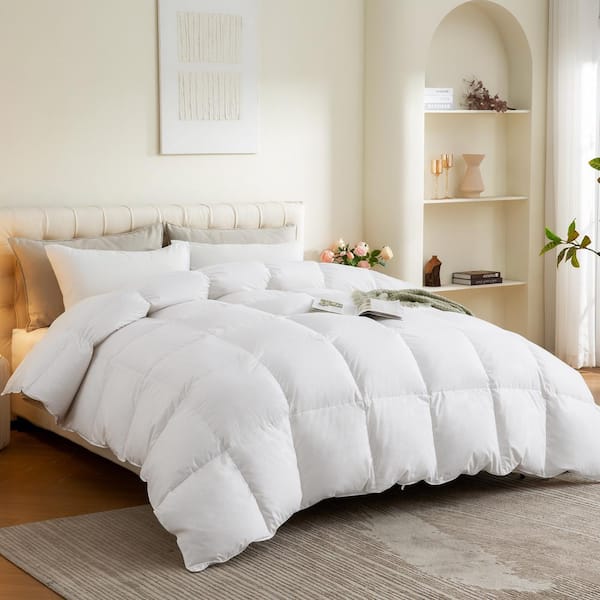 Wellos White All Season Feather Down Comforter King 100% Cotton Cover with Corner Tabs