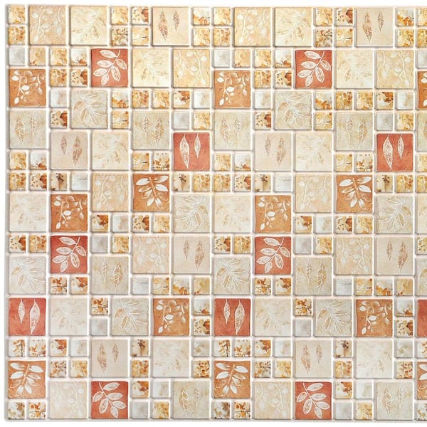 Dundee Deco 3D Falkirk Retro 1/100 in. x 38 in. x 19 in. Beige Red Squares with Autumn Leaves PVC Decorative Wall Paneling (5-Pack)