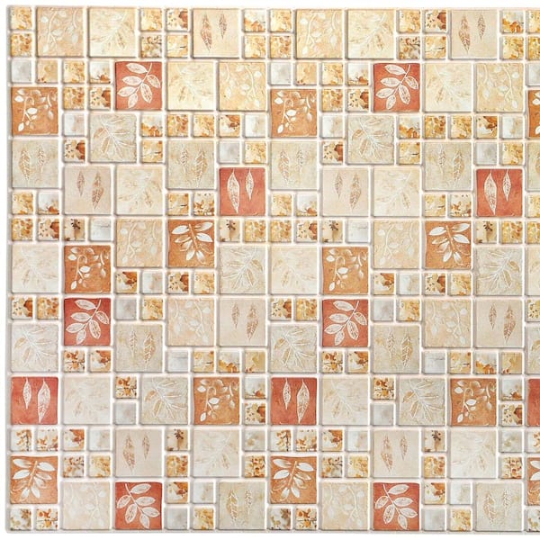 Dundee Deco 3D Falkirk Retro 10/1000 in. x 38 in. x 19 in. Beige Light Green Red Faux Squares with Autumn Leaves PVC Wall Panel