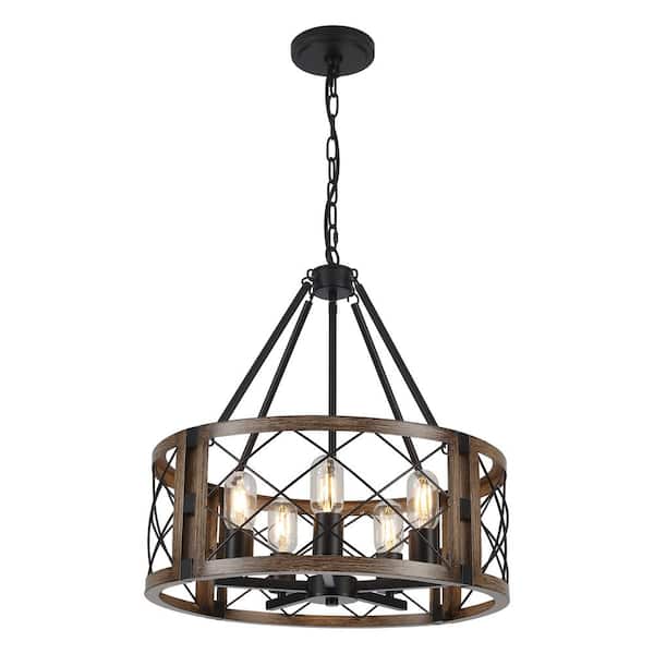 5-Light Black and Imitation Wood Grain Rustic Farmhouse Drum Chandelier for Kitchen Island with no bulbs included