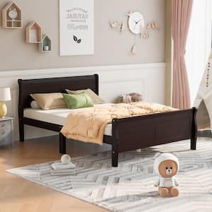 62.50 in. W Espresso Brown Queen Solid Wood Sleigh Bed with Headboard and Wood Slat Support