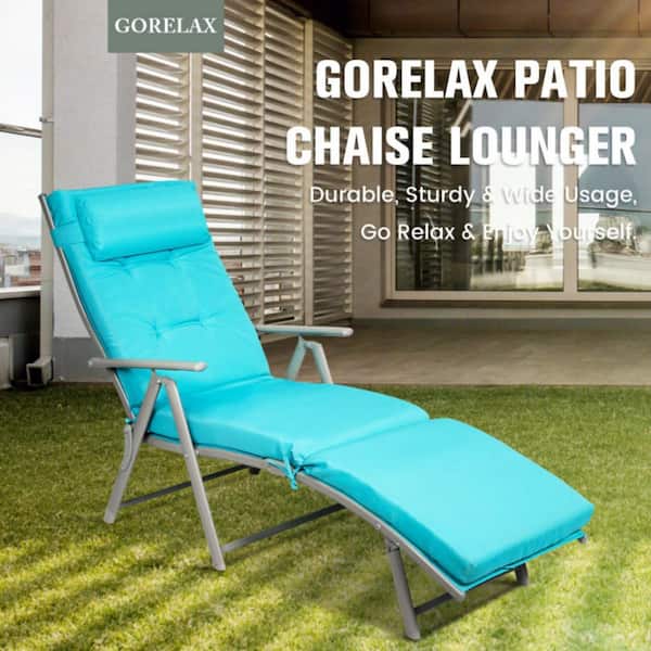 Metal Outdoor Lightweight Folding Chaise Lounge Chair with Blue Cushions