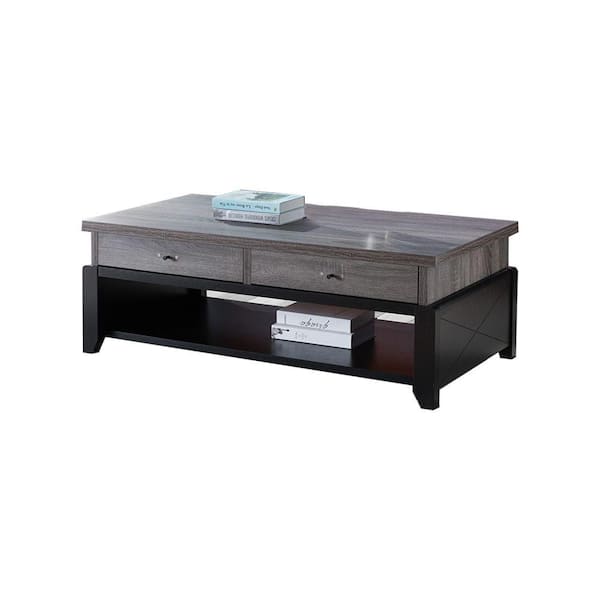 Benjara 47.25 in. Distressed Gray and Black Large Rectangle Wood Coffee Table with 2-Drawers
