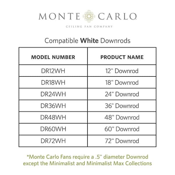Monte Carlo 36 In White Extension, 1 2 Downrod For Ceiling Fan