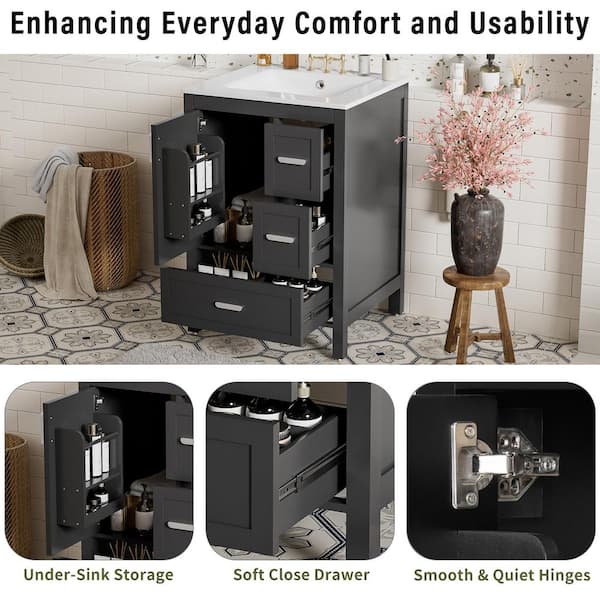 FAMYYT 24 in.W Single Sink Freestanding Black Solid Wood Frame