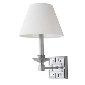 Elvira 4.75 in. 2-Light Silver Greek Key Wall Indoor Sconce with White Shade (Set of 2)