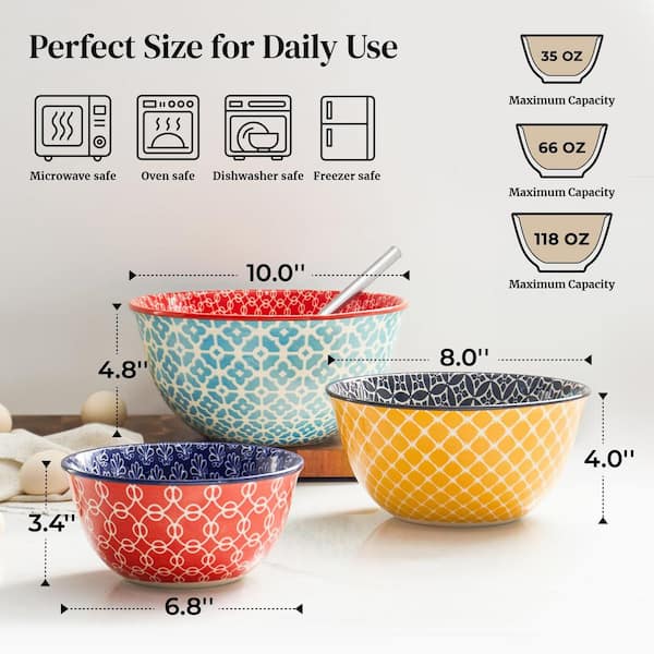 Numhew Art Decor 3-Piece Ceramic Multicolor Mixing Bowl Set with