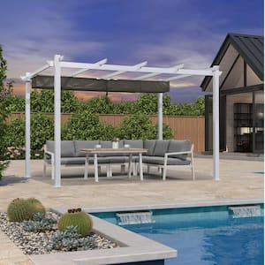 10 ft. x 12 ft. Grey Aluminum Outdoor Retractable Pergola with Sun Shade Canopy Cover White Patio Shelter
