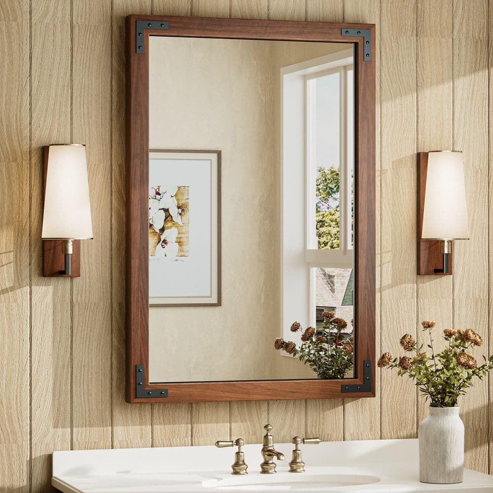 KeonJinn 24 in. W x 36 in. H Rectangular Rustic Wood Framed Mirror  Farmhouse Bathroom Vanity Mirror Over Sink in Brown MKJ-6191BN - The Home  Depot, image size:1000x1000