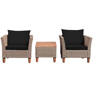 3-Piece Rattan Patio Conversation Furniture Set with Wooden Feet Black Cushions