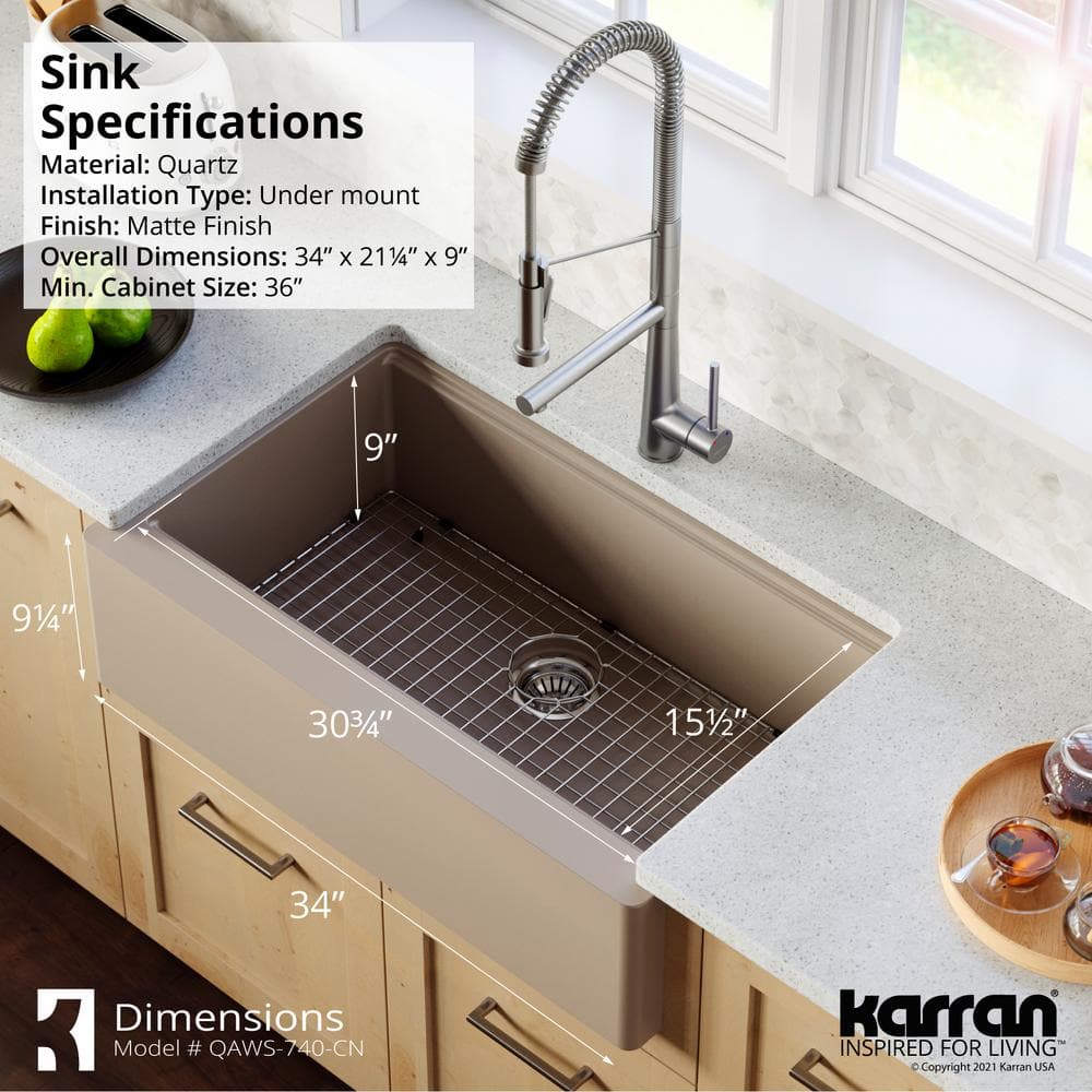 Concrete Quartz 34'' Single Bowl Farmhouse Workstation Sink