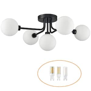 25 in. 5-Light Black Modern Semi-Flush Mount with Frosted Glass Shade and No Bulbs Included 1-Pack