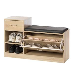 Brown Oak Bench with Black Cushion 24 in. x 37.5 in. x 12 Wooden Entryway Shoe Storage Bench