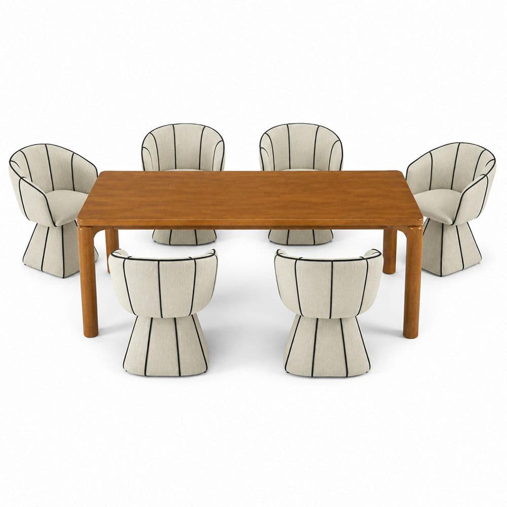 Modern 7-Piece Rectangular Walnut Wood MDF Top Dining Table Set with Swivel Barrel Back Chairs, Seats 6