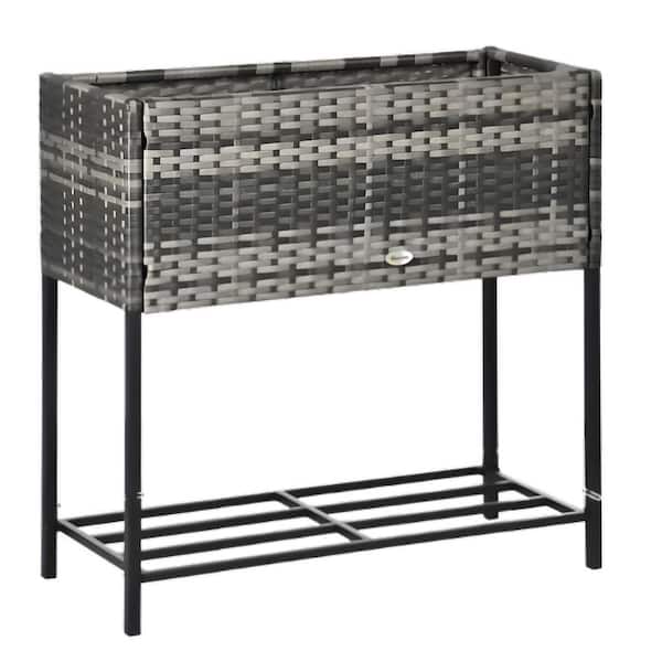 28 in. L x 12 in. W x 28 in. H Gray Rattan Wicker Portable Elevated Planter Box W/ Tool Storage Shelf, Raised Garden Bed