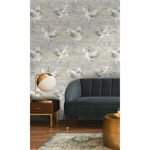 Grey Sarus Crane in the Field Metallic Wallpaper with Non-Woven Material Covered 57 Sq. ft Double Roll