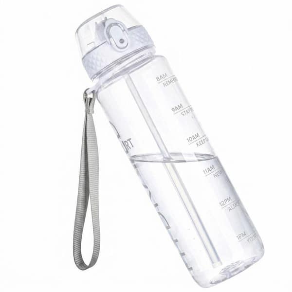 32 oz Clear Blue Plastic BPA-Free Tritan Leakproof Water Bottle w/ Straw Time Marker Sport Design for Gym School Office