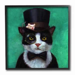 12 in. x 12 in. "Good Sir Top Hat Cat with a Mouse and A Monocle Turquoise Painting" by Lucia Heffernan Framed Wall Art