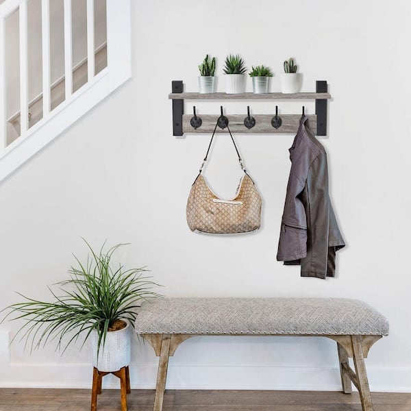 7.5 in. Tall Gray MDF 1 Shelf Standard Bookcase, Coat Hooks Wall Mount Floating Shelf with 5 Heavy Duty Hooks
