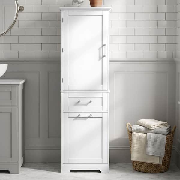Multi-Functional 20 in. W x 14 in. D x 68 in. H White Freestanding Slim Linen Cabinet with 2 Different Size Drawers