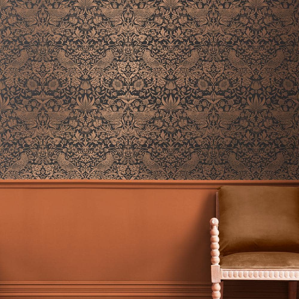 Strawberry Thief Charcoal and Copper Vinyl Wallpaper Double Roll