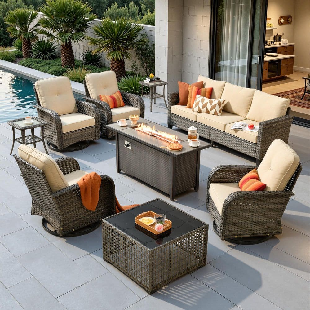 Mirada Gray 9-Piece Wicker Patio Fire Pit Conversation Sofa Set with Swivel Chairs, Tables and Beige Cushions price history on PriceWatchPro