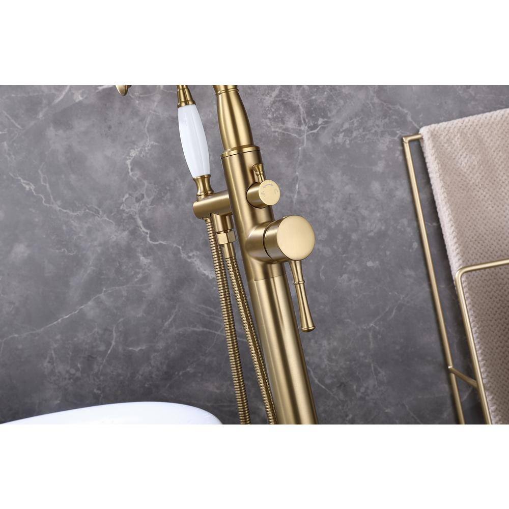 Brushed Gold Single Handle Floor Mounted Bathtub Faucet with Handheld Shower