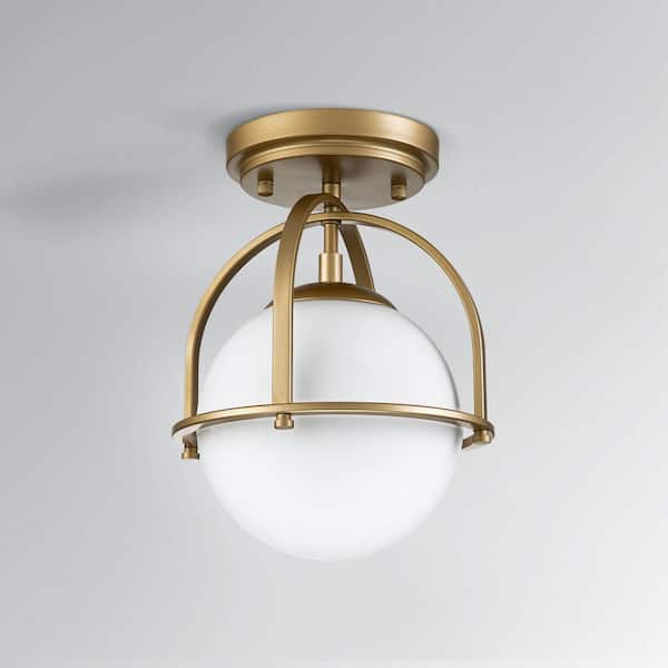 10.8 in. 1-Light Modern Industrial Brass Flush Mount Ceiling Light with Opal Fish Scale Glass