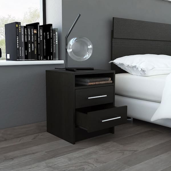 HomeRoots Valerie 2 -Drawer Black Nightstand [ 19.9 in. H x 15.7 in. W x 14.7 in. D ]