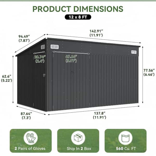 Sizzim 12 ft. W x 7.3 ft. D Black Metal Storage Shed With 3