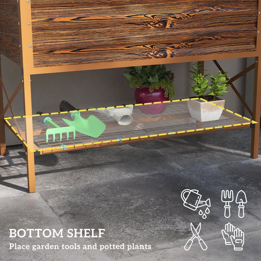 Dark Brown Galvanized Metal Raised Garden Bed with Storage Shelf