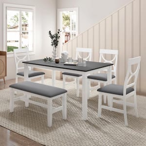 Farmhouse 6-piece White Rectangle MDF Top Dining Table Set Seats 6 with Upholstered Bench and 4 Chairs