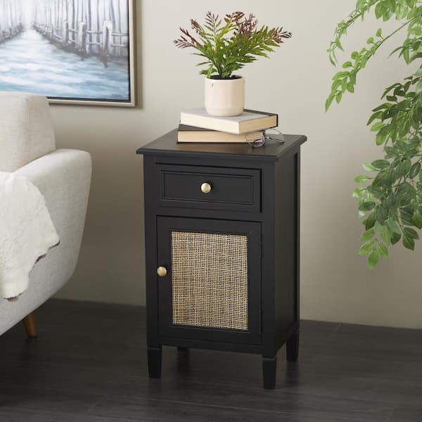 Litton Lane Black 26 in. Wood 1 Drawer and 1 Door Cabinet with Rattan Front