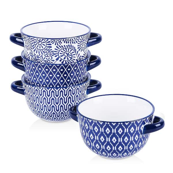 Vintage Blue 20 fl. oz. Ceramic Soup Bowls with Handles Oven and Microwave Safe Single Serve Crock Set of 4