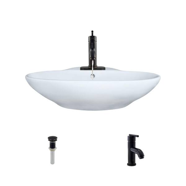 MR Direct Porcelain Vessel Sink in White with 753 Faucet and Pop-Up Drain in Antique Bronze