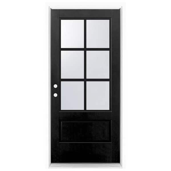 36 in. x 80 in. 3/4 Lite Right-Hand Inswing 6 Lite SDL LOE Glass Finished Black Fiberglass Prehung Front Door