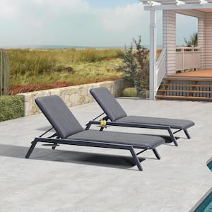 Chaise Lounge Gray 2 pieces Metal Outdoor Recliner w/Slide-Out Side Table with Cushion Adjustable Backrest