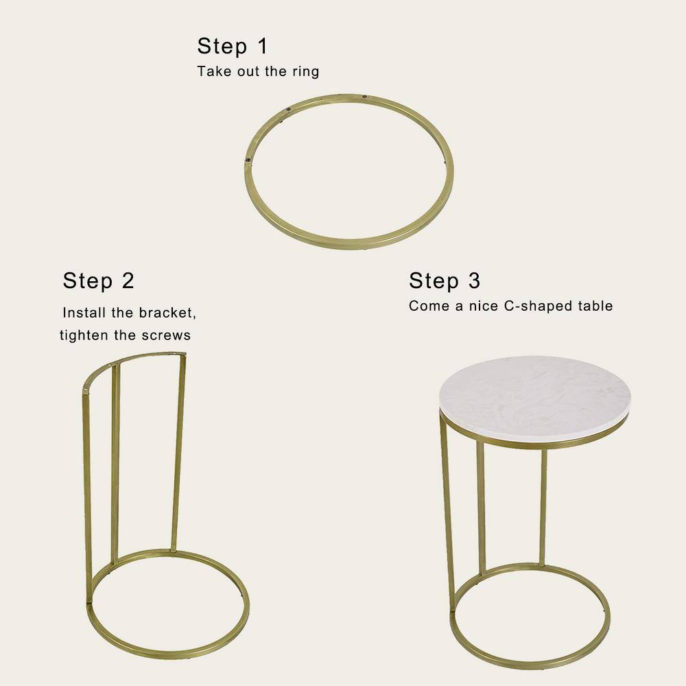 Round White Faux Marble and Gold Metal Side Table
