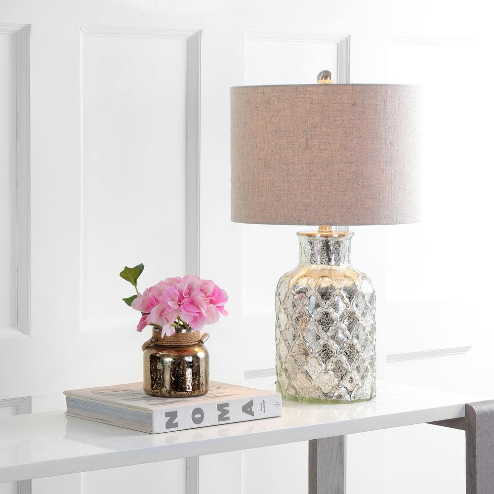 Antiqued Mercury Silver Quatrefoil Glass Table Lamp Set