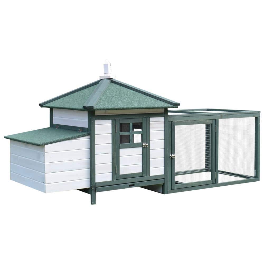 Green and White Wooden Chicken Coop with Nesting Box and Run